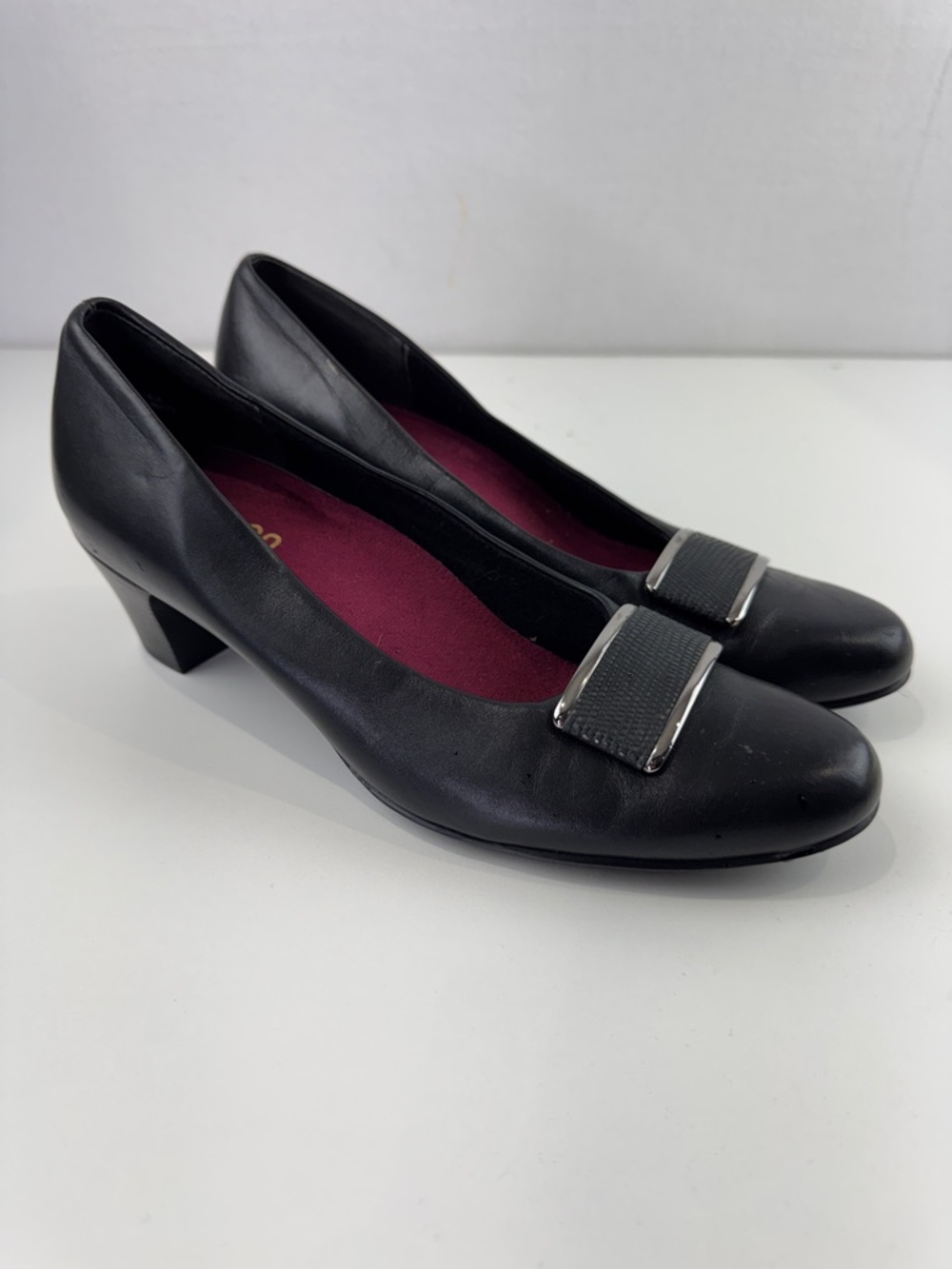 Munro Black Leather Mid-Heel Pumps with Silver Buckle